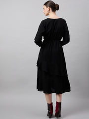 Chic Black Georgette Ruffle Dress with Puff Sleeves - Overlap Solid Design