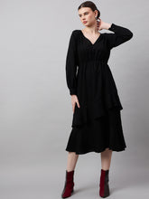 Chic Black Georgette Ruffle Dress with Puff Sleeves - Overlap Solid Design