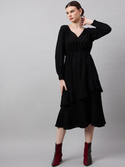 Chic Black Georgette Ruffle Dress with Puff Sleeves - Overlap Solid Design