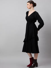 Chic Black Georgette Ruffle Dress with Puff Sleeves - Overlap Solid Design