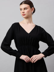 Chic Black Georgette Ruffle Dress with Puff Sleeves - Overlap Solid Design
