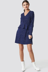 Stylish Blue Polka Dot Short Poly Rayon Dress with Flounce Layers & Long Sleeves