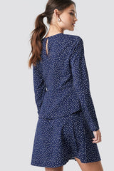 Stylish Blue Polka Dot Short Poly Rayon Dress with Flounce Layers & Long Sleeves