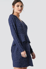Stylish Blue Polka Dot Short Poly Rayon Dress with Flounce Layers & Long Sleeves