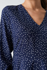 Stylish Blue Polka Dot Short Poly Rayon Dress with Flounce Layers & Long Sleeves