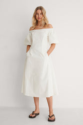 Elegant White Off Shoulder Poly Rayon Dress With Pocket Details