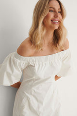 Elegant White Off Shoulder Poly Rayon Dress With Pocket Details