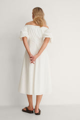 Elegant White Off Shoulder Poly Rayon Dress With Pocket Details