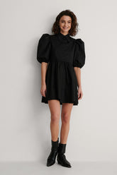 Chic Black Poly Rayon High Neck Dress with Puff Sleeves