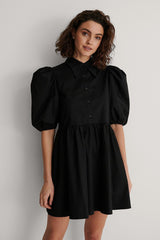 Chic Black Poly Rayon High Neck Dress with Puff Sleeves