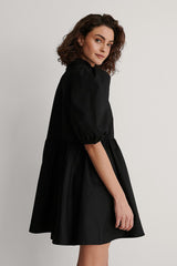 Chic Black Poly Rayon High Neck Dress with Puff Sleeves
