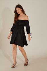 Stylish Black Fit and Flare Poly Rayon Dress with Solid Three-Quarter Sleeves