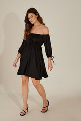 Stylish Black Fit and Flare Poly Rayon Dress with Solid Three-Quarter Sleeves