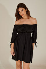 Stylish Black Fit and Flare Poly Rayon Dress with Solid Three-Quarter Sleeves