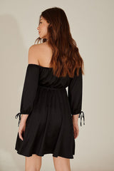 Stylish Black Fit and Flare Poly Rayon Dress with Solid Three-Quarter Sleeves