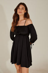 Stylish Black Fit and Flare Poly Rayon Dress with Solid Three-Quarter Sleeves