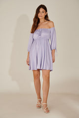 Lavender Fit and Flare Poly Rayon Dress with Solid Three-Quarter Sleeves - Stylish & Chic