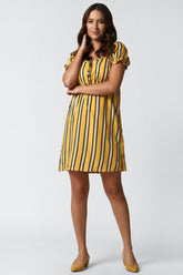 Yellow A-line Poly Rayon Short Dress with Abstract Print & Short Sleeves