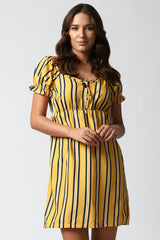 Yellow A-line Poly Rayon Short Dress with Abstract Print & Short Sleeves