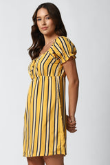 Yellow A-line Poly Rayon Short Dress with Abstract Print & Short Sleeves