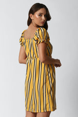 Yellow A-line Poly Rayon Short Dress with Abstract Print & Short Sleeves
