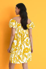 Mustard Off Shoulder Mini Poly Rayon Dress