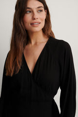 Chic Black Georgette V Neck Tie Waist Dress with Puff Sleeves - Solid Style Fashion