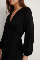 Chic Black Georgette V Neck Tie Waist Dress with Puff Sleeves - Solid Style Fashion