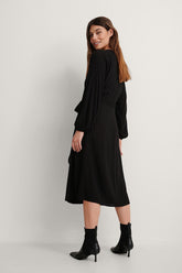 Chic Black Georgette V Neck Tie Waist Dress with Puff Sleeves - Solid Style Fashion