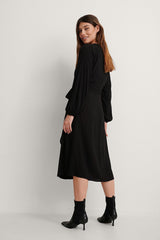 Chic Black Georgette V Neck Tie Waist Dress with Puff Sleeves - Solid Style Fashion
