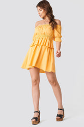 Stylish Yellow Poly Rayon Frill Dress with Puff Sleeves - Perfect for Any Occasion
