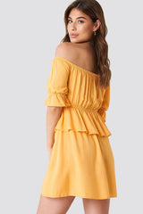 Stylish Yellow Poly Rayon Frill Dress with Puff Sleeves - Perfect for Any Occasion