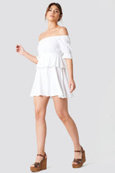 Stylish White Poly Rayon Off Shoulder Frill Dress with Puff Sleeves - Perfect for Any Occasion