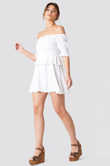 Stylish White Poly Rayon Off Shoulder Frill Dress with Puff Sleeves - Perfect for Any Occasion