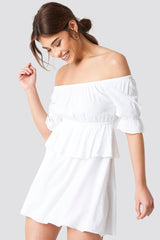 Stylish White Poly Rayon Off Shoulder Frill Dress with Puff Sleeves - Perfect for Any Occasion