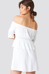 Stylish White Poly Rayon Off Shoulder Frill Dress with Puff Sleeves - Perfect for Any Occasion