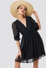 Stylish Black A-line Short Dress - Solid Georgette with Short Sleeves