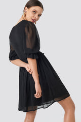 Stylish Black A-line Short Dress - Solid Georgette with Short Sleeves