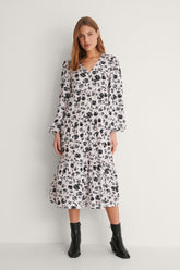 Elegant Black A-line Poly Rayon Floral Dress with Balloon Sleeves - Long Style