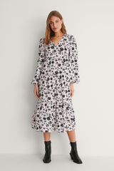 Elegant Black A-line Poly Rayon Floral Dress with Balloon Sleeves - Long Style