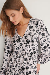 Elegant Black A-line Poly Rayon Floral Dress with Balloon Sleeves - Long Style