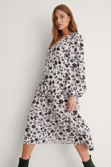 Elegant Black A-line Poly Rayon Floral Dress with Balloon Sleeves - Long Style