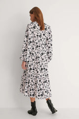 Elegant Black A-line Poly Rayon Floral Dress with Balloon Sleeves - Long Style