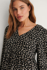 Stylish Black Floral Print Poly Rayon Peasant V Neck Dress for Women