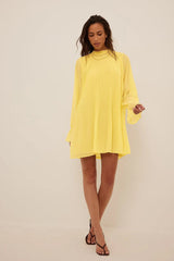 Chic Mustard Georgette Dress with Balloon Sleeves & High Neck Frill - Perfect for Any Occasion