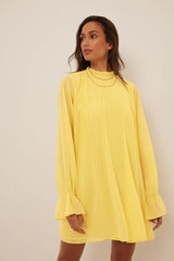 Chic Mustard Georgette Dress with Balloon Sleeves & High Neck Frill - Perfect for Any Occasion
