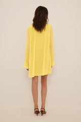 Chic Mustard Georgette Dress with Balloon Sleeves & High Neck Frill - Perfect for Any Occasion