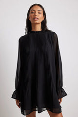 Elegant Black Georgette High Neck Frill Dress with Balloon Sleeves