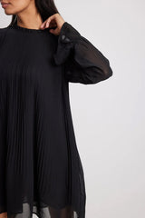 Elegant Black Georgette High Neck Frill Dress with Balloon Sleeves