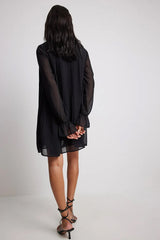 Elegant Black Georgette High Neck Frill Dress with Balloon Sleeves